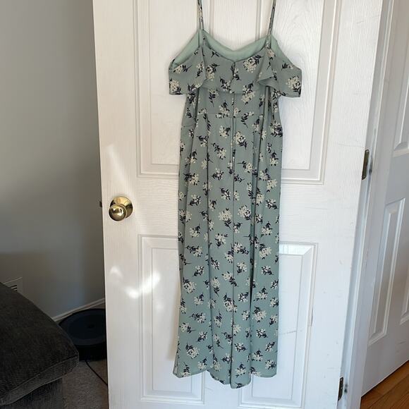 Trixxi Women Medium Jumpsuit Floral Wide Ankle Ruffled Neckline Mint Green Beige - Picture 2 of 9